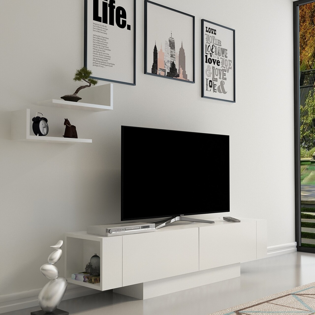 Comoda TV si 2 rafturi de perete Matera, Zena Home, 150x31.5x41.6 cm, alb - imagine 5